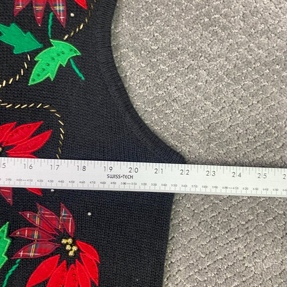 Vintage Bobbie Brooks Ugly Christmas Sweater Vest Women's Large Black Poinsettia - Picture 6 of 8